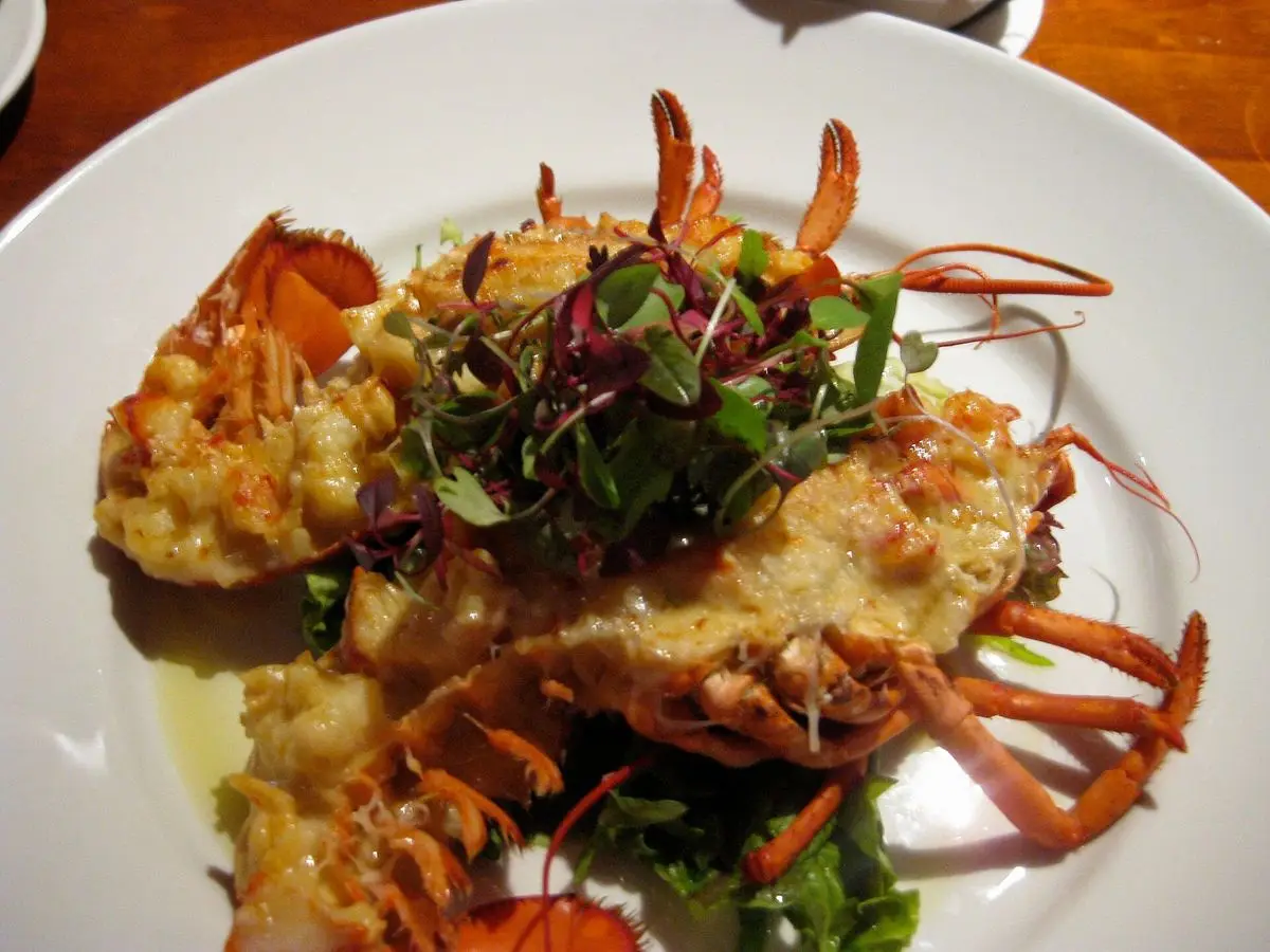 Langosta gratinada thermidor con salsa cremosa y brotes verdes en un plato blanco