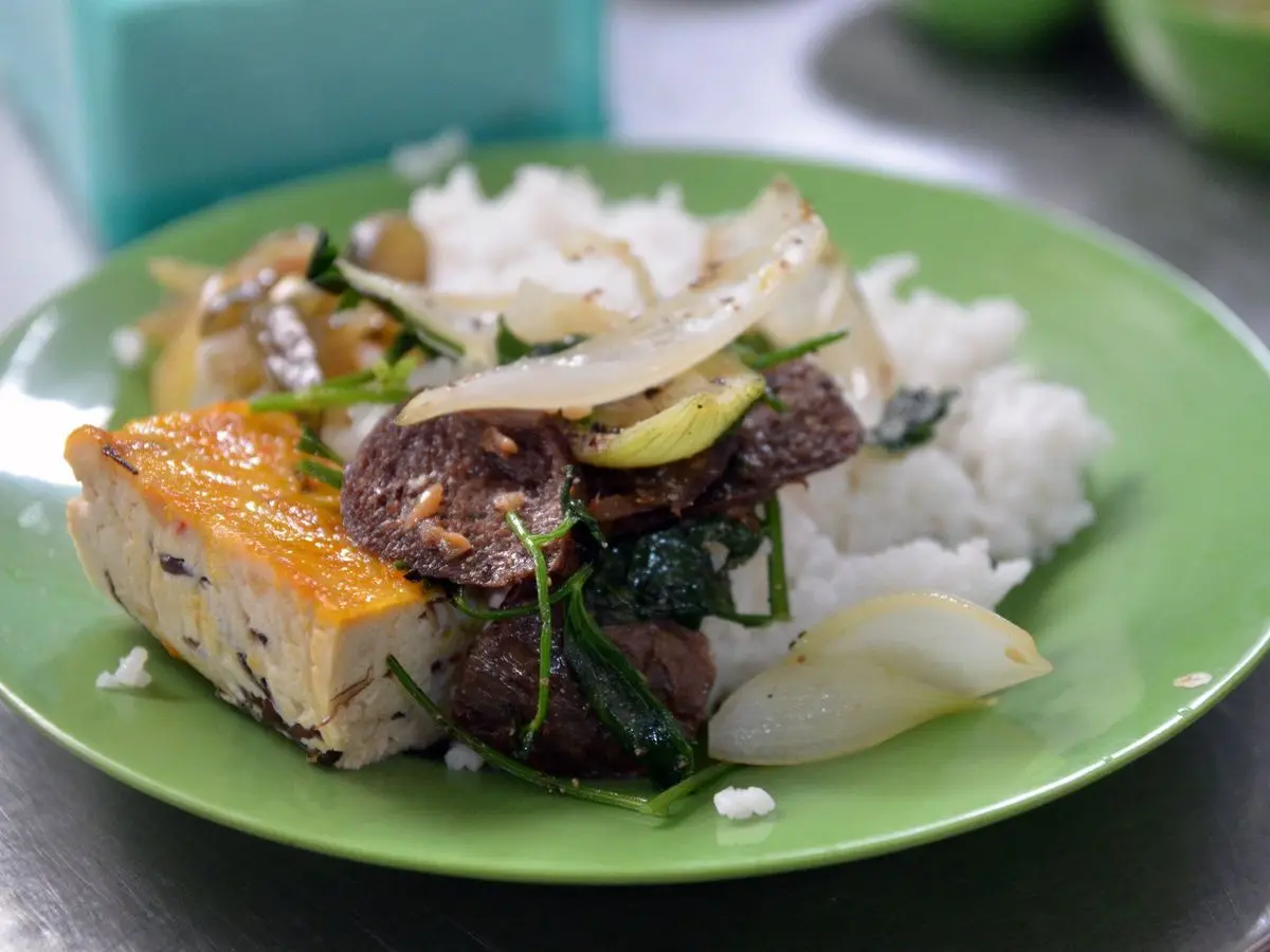 Plato verde con arroz, tofu, setas y verduras salteadas estilo vegetariano