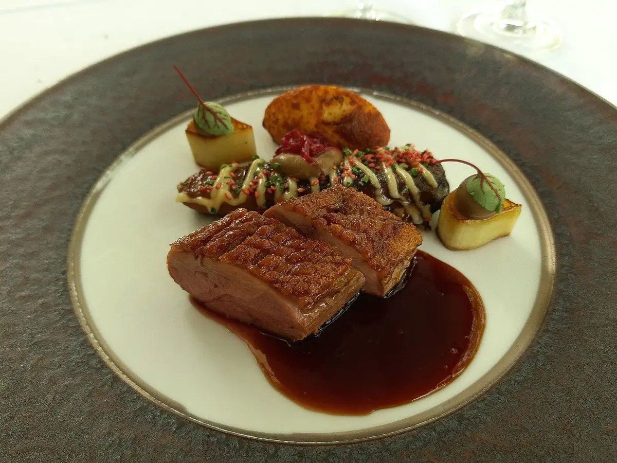 Filetes de magret de pato con salsa oscura y guarnición de verduras en un plato gris