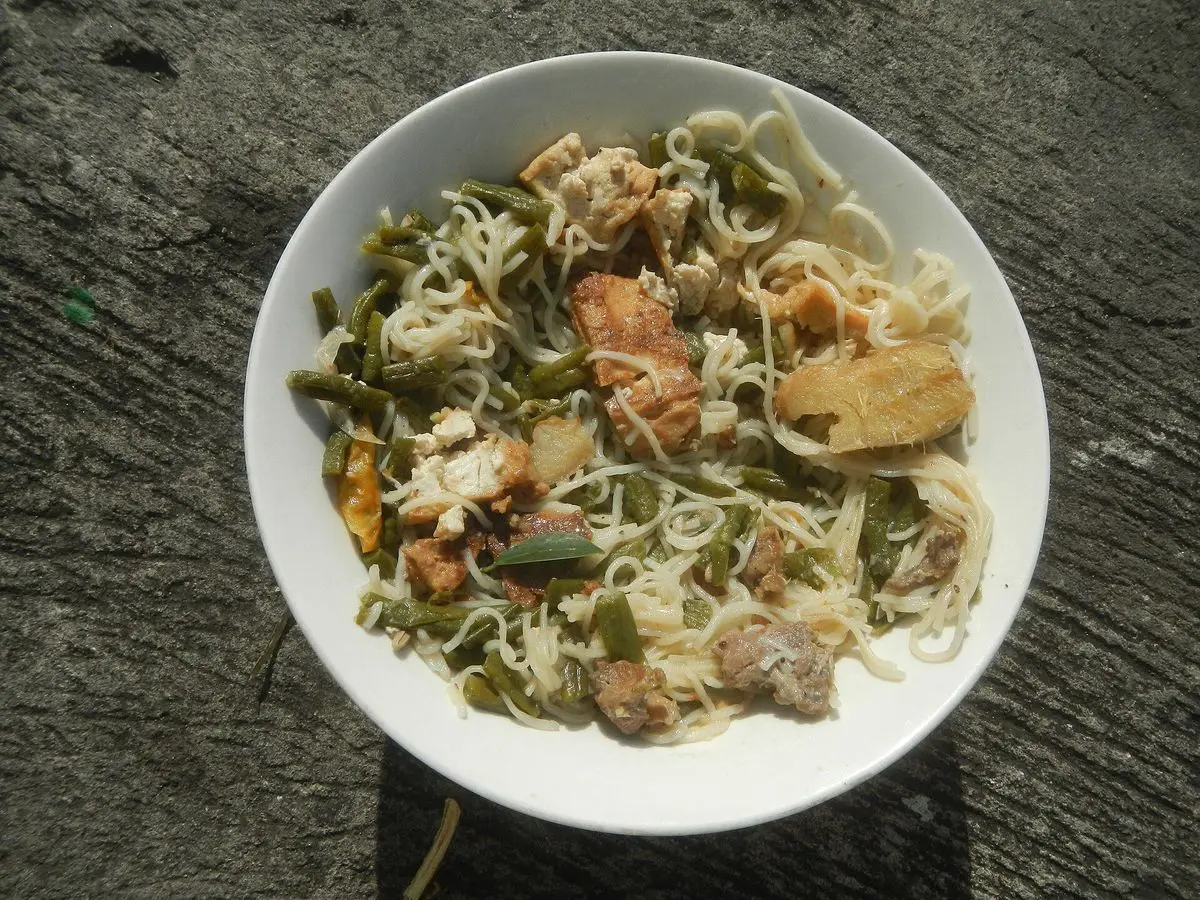 Plato blanco con fideos salteados, judías verdes y trozos de pato dorado