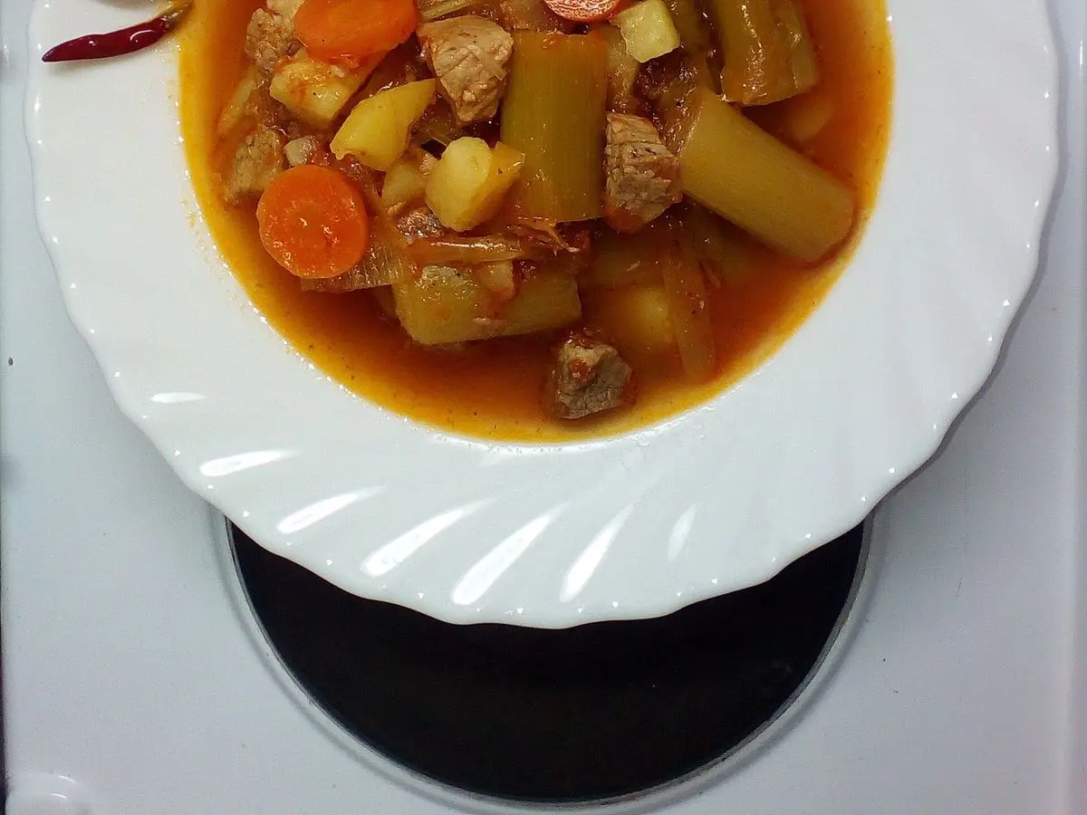 Guiso de carne con patata, zanahoria y verduras en caldo de tomate en un plato blanco