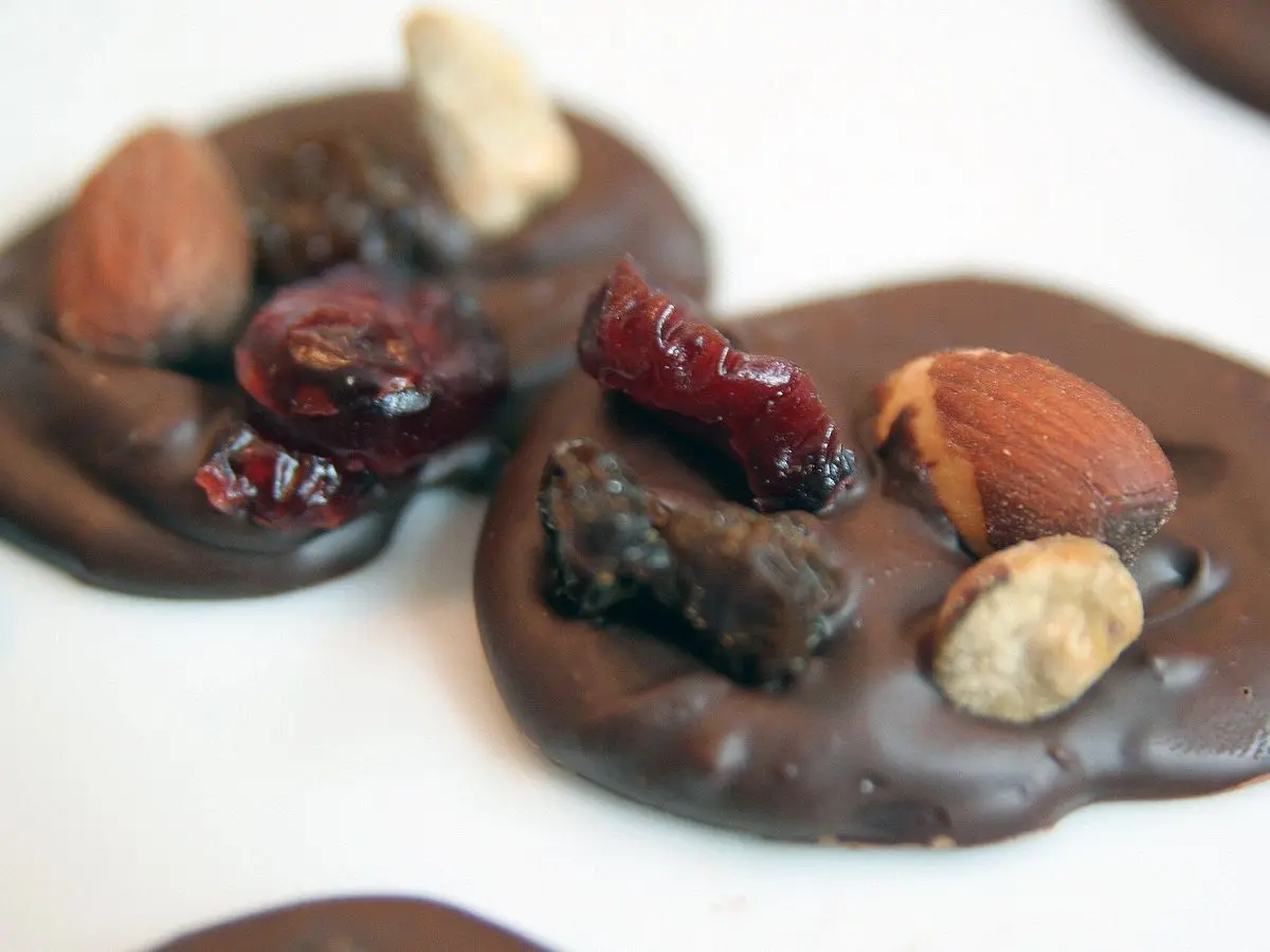 Discos de chocolate negro con almendras, pistachos y frutas deshidratadas encima
