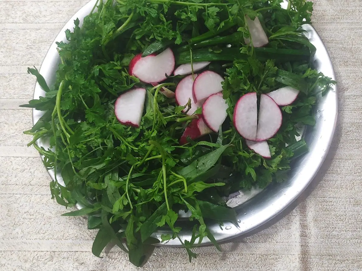 Fuente con hierbas frescas variadas, menta, perejil y albahaca, y rodajas de rábano, sabzi khordan iraní