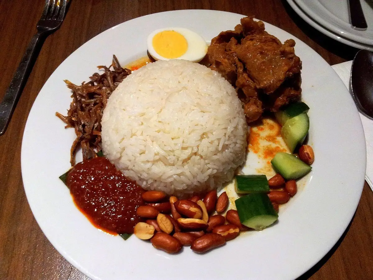 Plato de nasi lemak con arroz de coco, huevo cocido, cacahuetes, pepino, anchoas crujientes y sambal