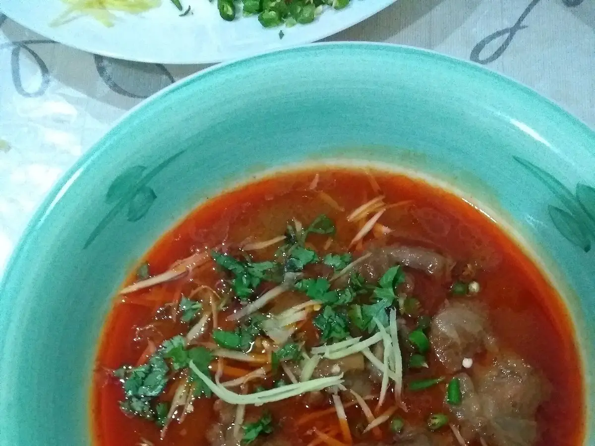 Cuenco de nihari de ternera en salsa roja con tiras de jengibre y cilantro por encima