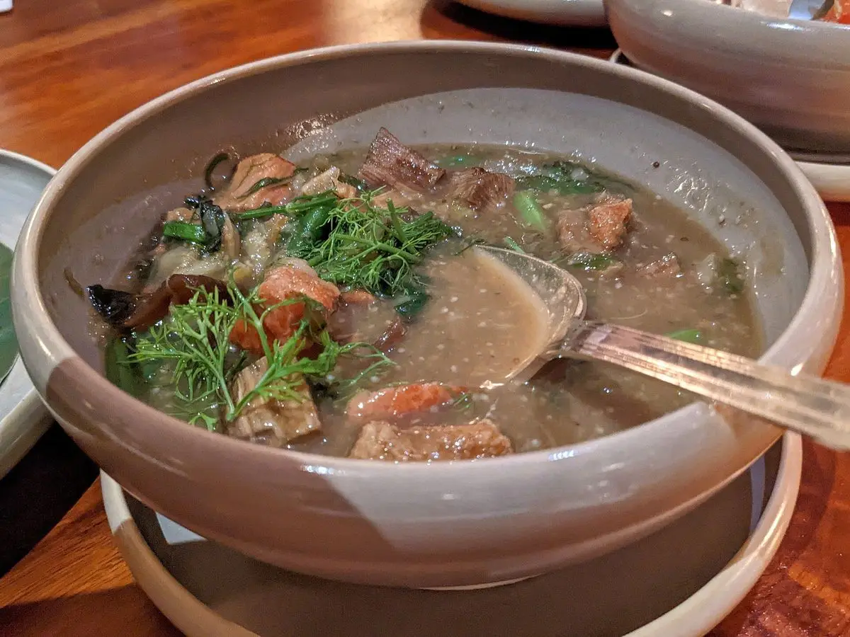 Cuenco de guiso laosiano de carne con hierbas verdes, eneldo y verduras en caldo oscuro