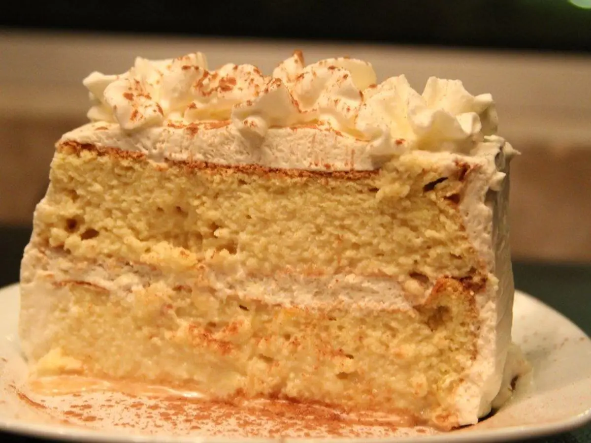 Porción de pastel tres leches empapado con crema montada y canela por encima