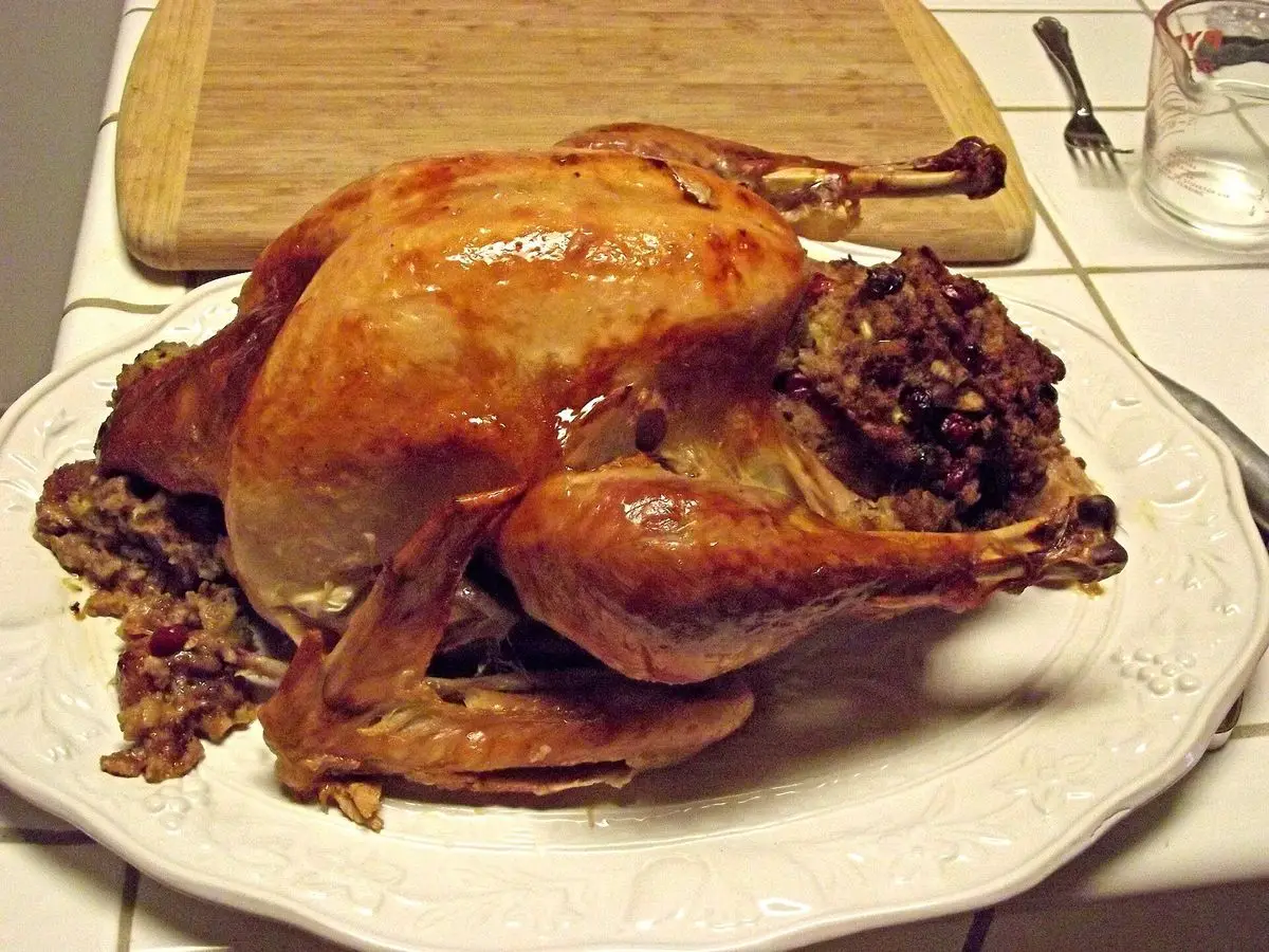 Pavo entero asado dorado con relleno sobre una fuente blanca