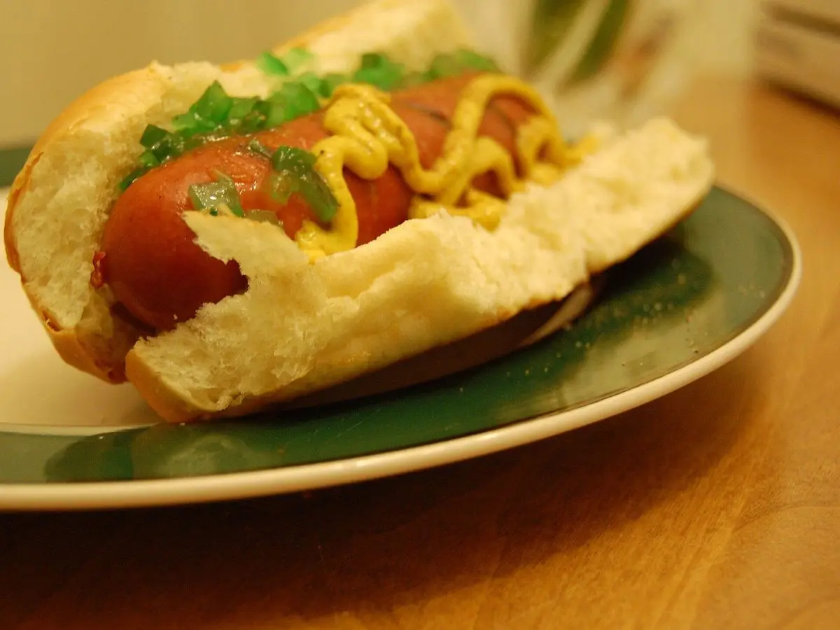 Perrito caliente en pan con salchicha, mostaza y cebollino sobre un plato