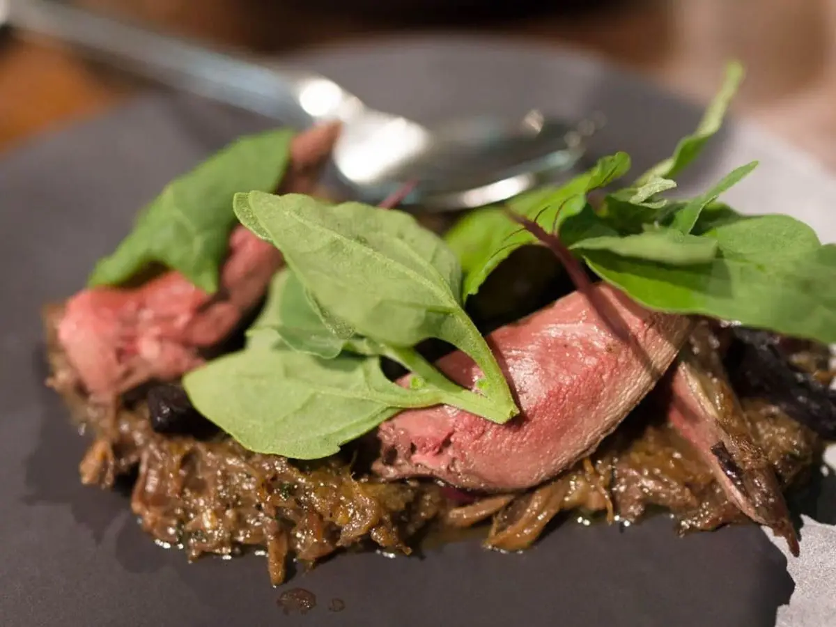 Lonchas de pichón asado rosado con hojas tiernas sobre una base oscura en un plato