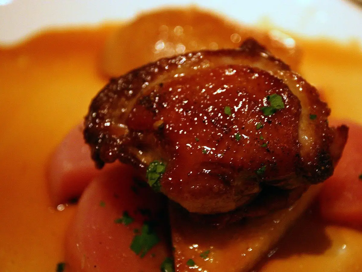 Pichón dorado y brillante con salsa y rodajas de zanahoria sobre un plato blanco