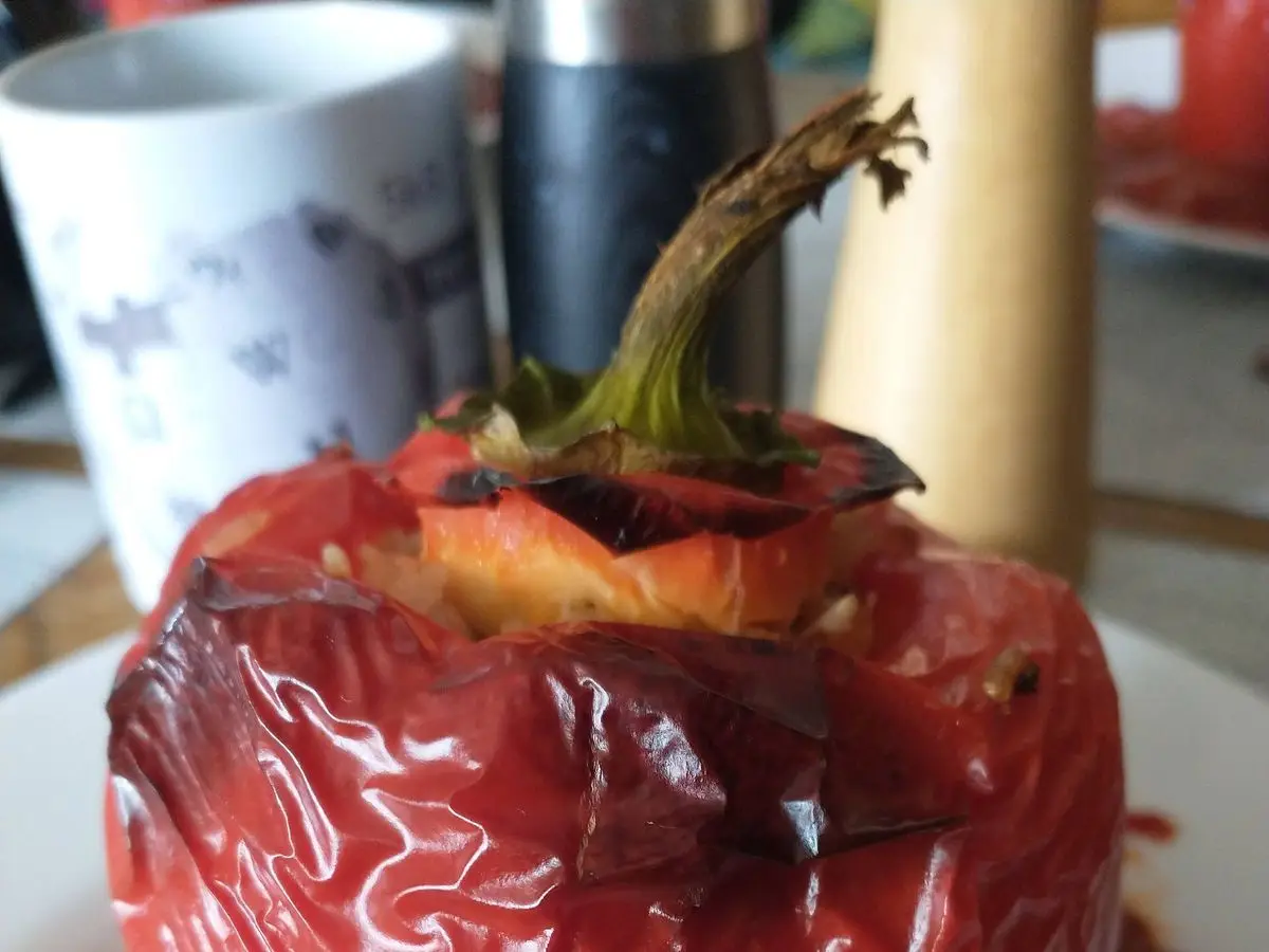 Pimiento rojo relleno al horno sobre salsa de tomate en un plato