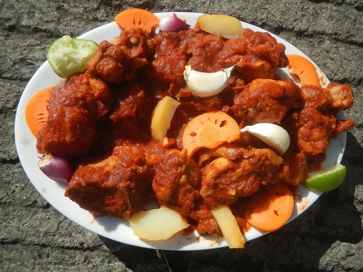 Plato de pollo guisado en salsa roja con zanahoria, patata y ajos