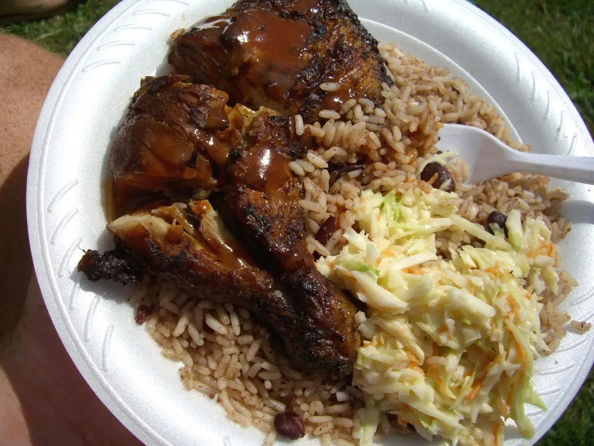 Pollo asado con salsa oscura sobre arroz con alubias y ensalada de col en un plato