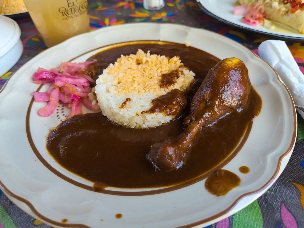 Muslo de pollo cubierto de salsa mole oscura con arroz amarillo en un plato