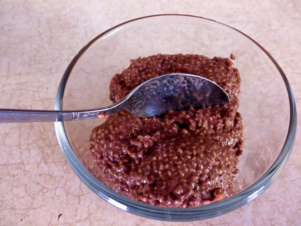 Cuenco de cristal con pudin de chía al cacao y una cuchara