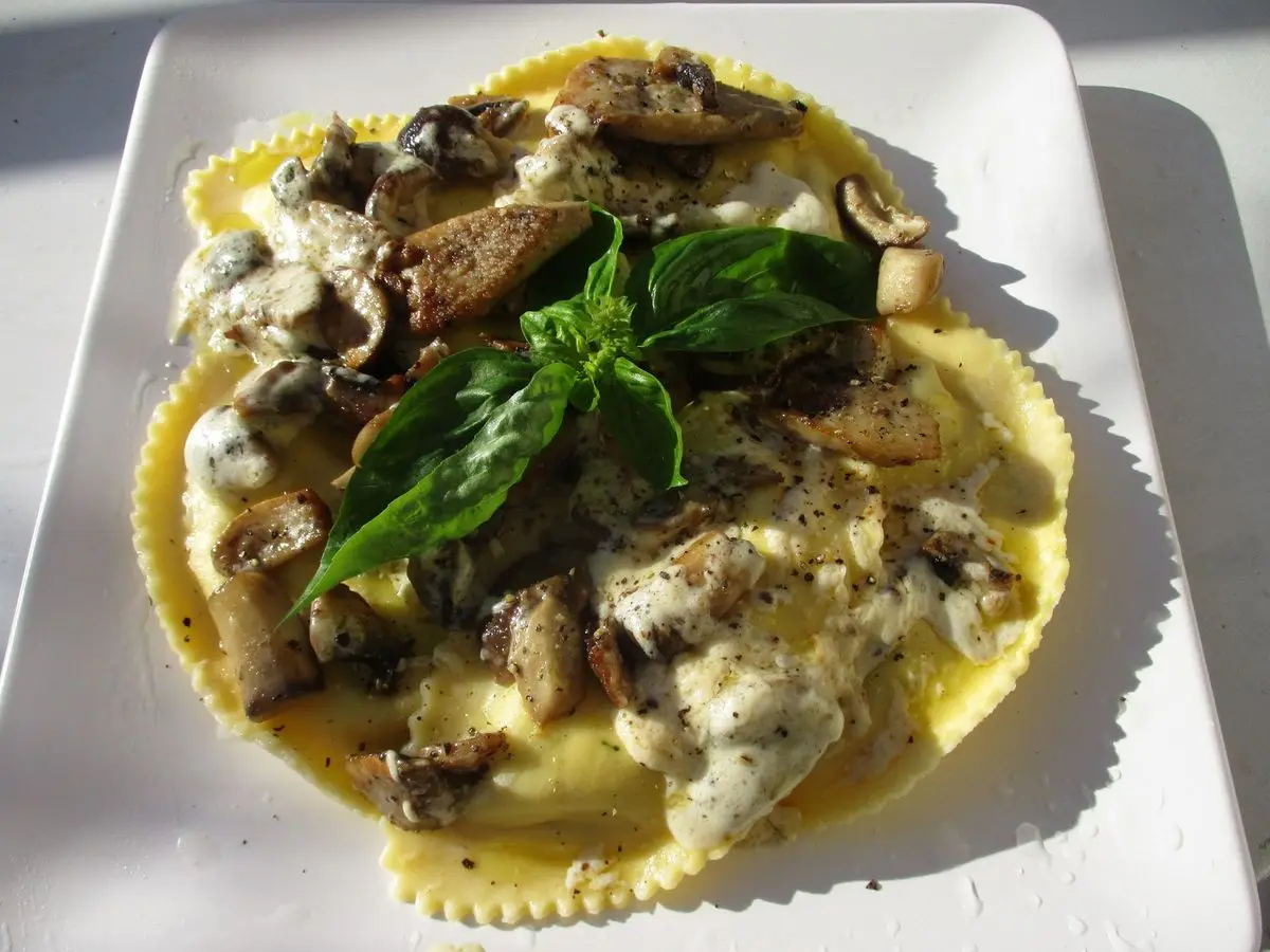 Raviolis con salsa cremosa de setas y hojas de albahaca sobre un plato cuadrado blanco