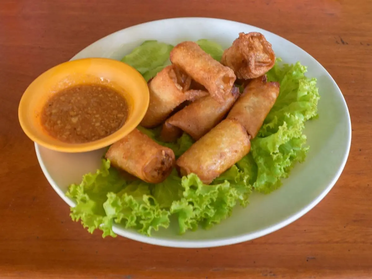 Rollitos de primavera fritos sobre hojas de lechuga con salsa para mojar en un plato