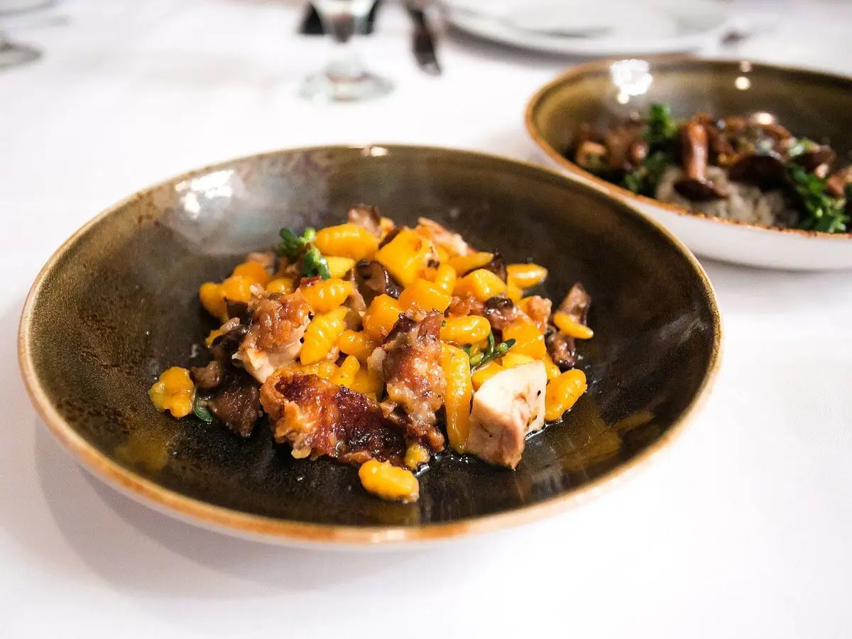 Cuenco oscuro con dados de calabaza asada salteados con trozos de pollo frito y hierbas