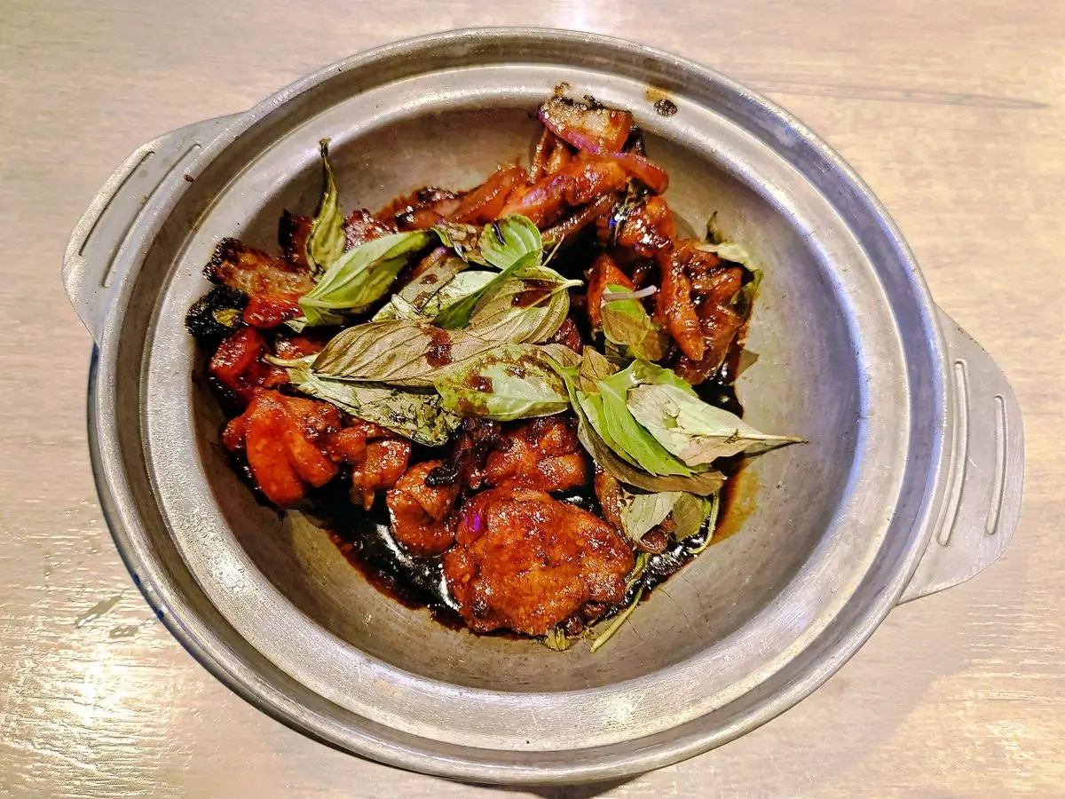 Cazuela de pollo guisado con hojas de albahaca y salsa oscura brillante