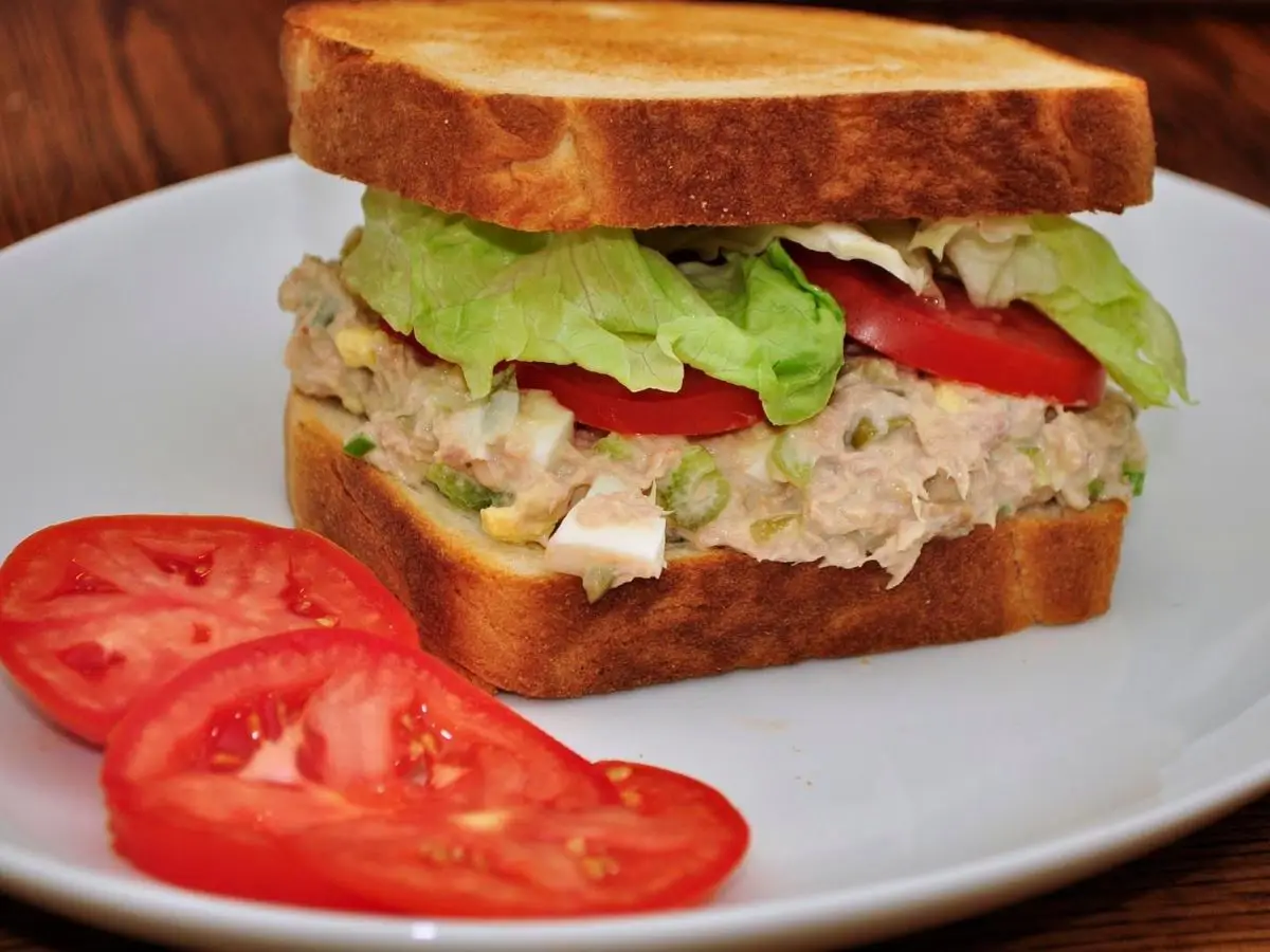 Sándwich de pan tostado con ensalada de atún, lechuga y tomate junto a rodajas de tomate