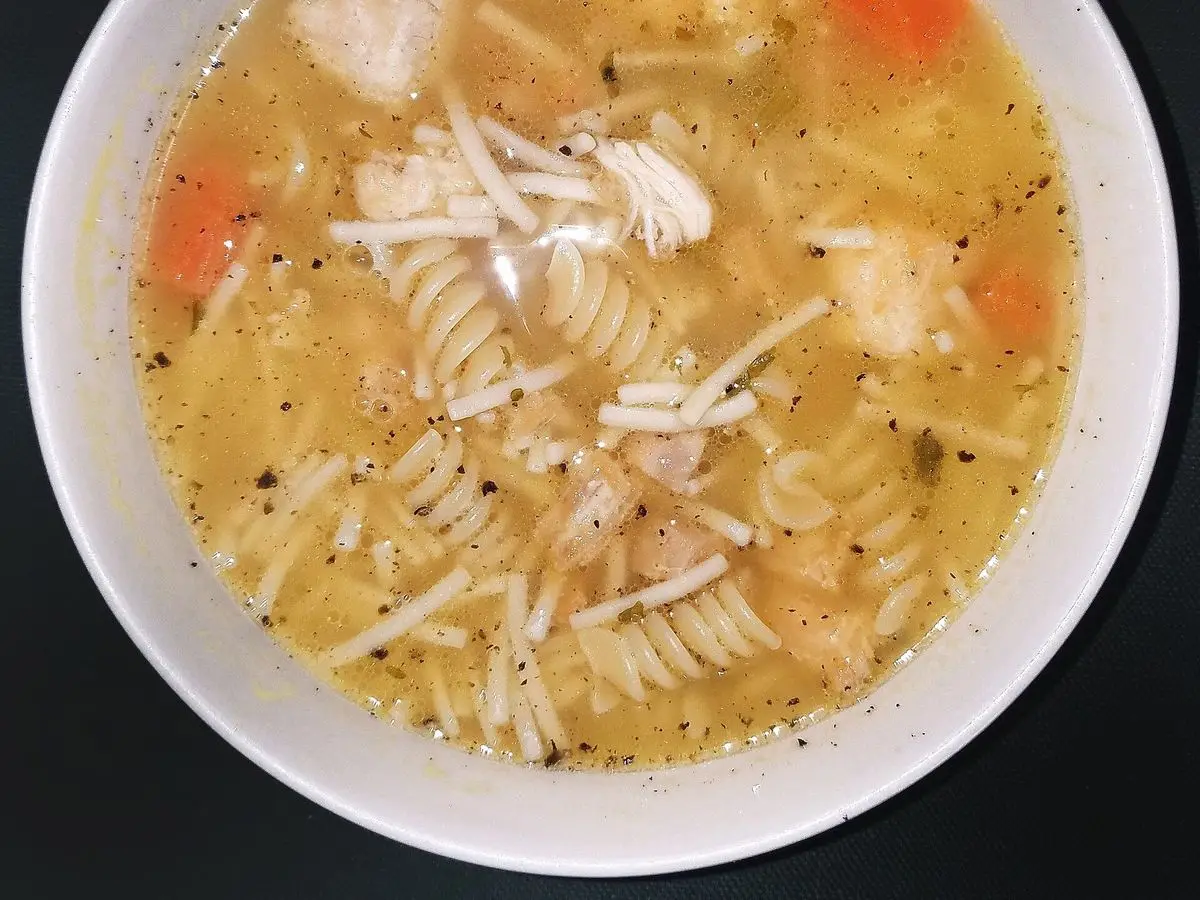 Cuenco blanco de caldo de pollo con fideos en espiral, trozos de pollo y zanahoria