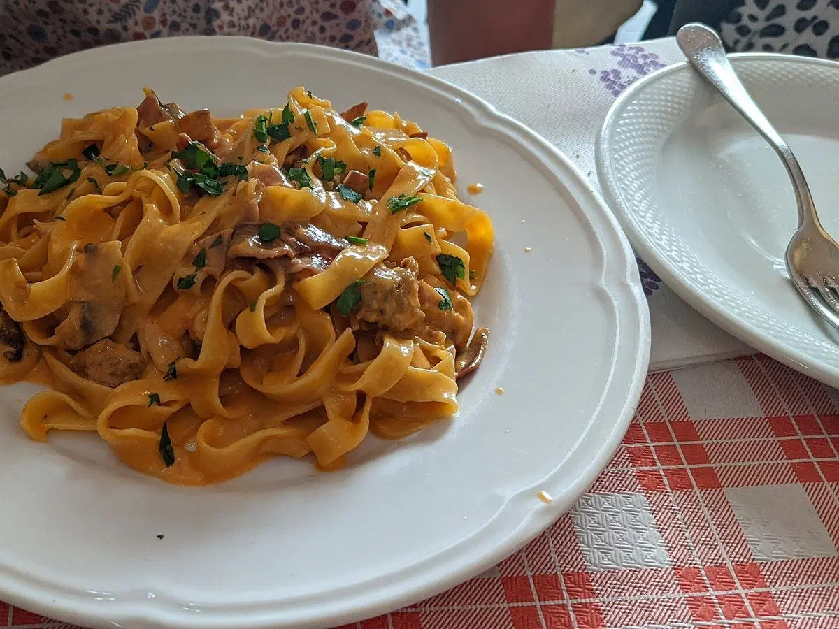 Plato blanco de tallarines anchos con trozos de carne de cerdo y hierbas sobre mantel de cuadros rojos