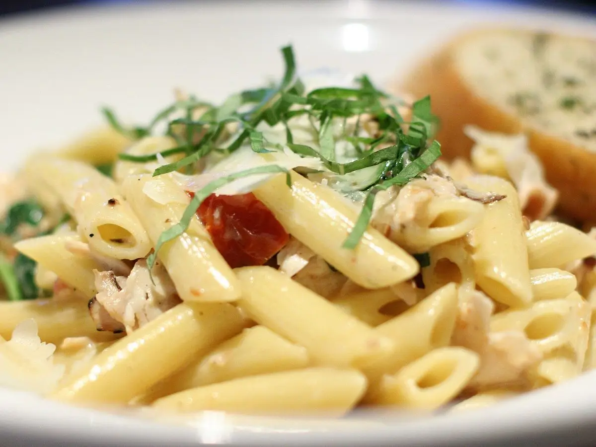 Cuenco blanco de pasta corta con trozos de pollo, salsa cremosa y hierbas verdes por encima