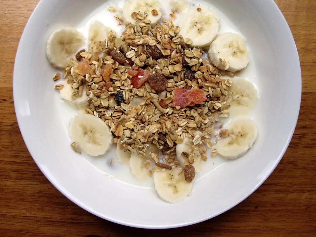 Cuenco blanco con copos de cereal, pasas y fruta deshidratada en leche, con rodajas de plátano alrededor