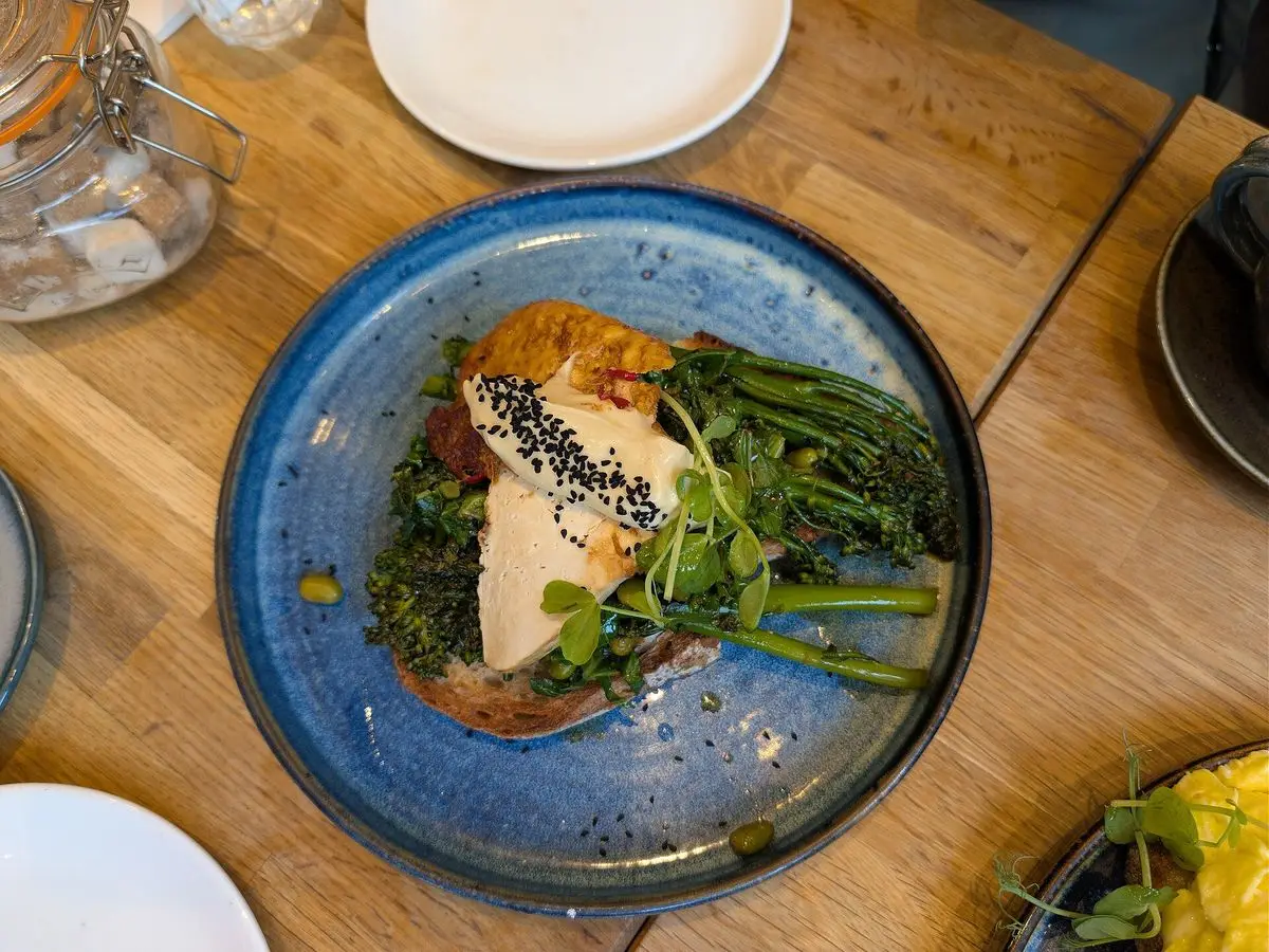 Tofu a la plancha con sésamo negro y brócoli tallo verde en un plato azul visto desde arriba