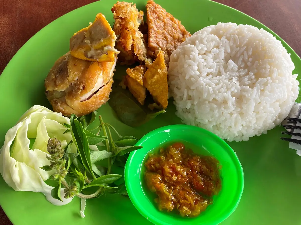 Plato de arroz con tofu, tempe, pollo frito, verduras y salsa picante