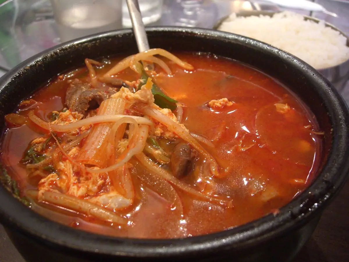 Cazuela de sopa roja picante de ternera desmenuzada con brotes, puerro y setas